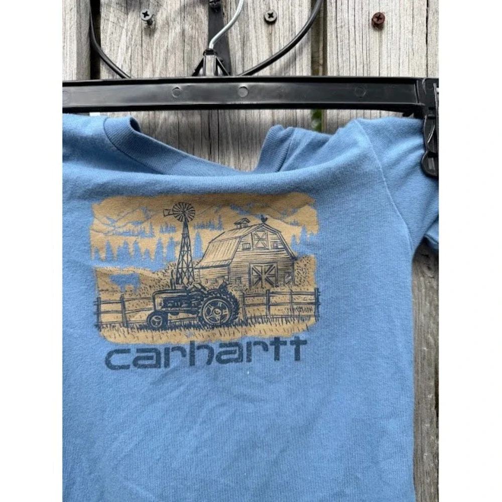 Farm Carhartt Bodysuit Kids 12M Blue Graphic Tractor Barn Long Sleeve Workwear